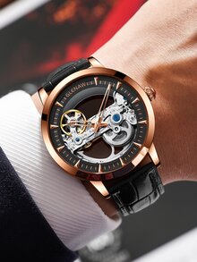 Men Hollow Out Pointer Mechanical Watch - Rose Gold - View 2