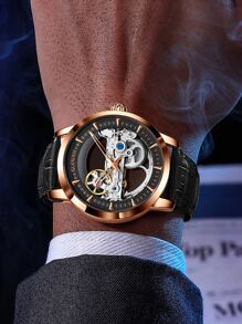Men Hollow Out Pointer Mechanical Watch - Rose Gold - View 5