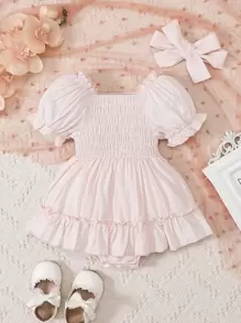 Bebé Vestido bajo con fruncido de manga farol con banda cabeza - Rosa Pálido - Ver 1