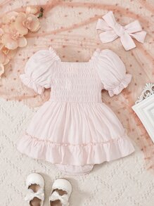 Bebé Vestido bajo con fruncido de manga farol con banda cabeza - Rosa Pálido - Ver 2