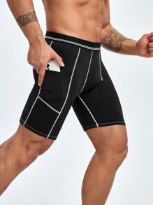 Men Top-stitching Phone Pocket Side Sports Tights - Black - View 1