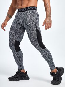 Men Letter Graphic Contrast Panel Top-stitching Sports Tights - Grey - View 1