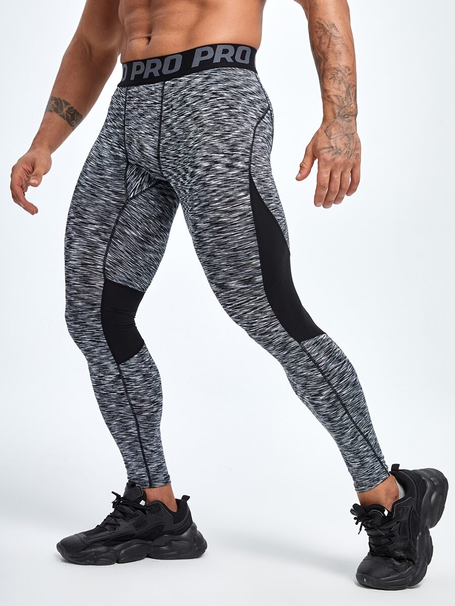 Men Letter Graphic Contrast Panel Top-stitching Sports Tights - Grey - View 1
