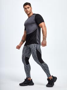 Men Letter Graphic Contrast Panel Top-stitching Sports Tights - Grey - View 4