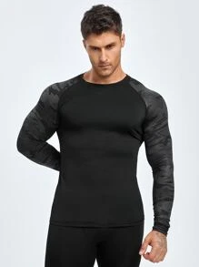 Manfinity Sport Streetwear Hombres Camiseta deportiva de manga raglán con estampado de camuflaje, Tops de entrenamiento, Tops de compresión para hombre - Negro - Ver 4