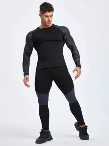 Manfinity Sport Streetwear Hombres Camiseta deportiva de manga raglán con estampado de camuflaje, Tops de entrenamiento, Tops de compresión para hombre - Negro - Ver 5