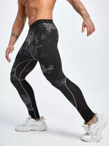 Men Tie Dye Contrast Mesh Topstitching Sports Tights - Black - View 1