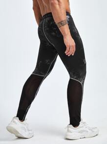Men Tie Dye Contrast Mesh Topstitching Sports Tights - Black - View 2