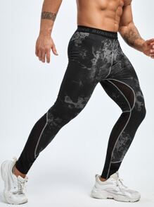 Men Tie Dye Contrast Mesh Topstitching Sports Tights - Black - View 3
