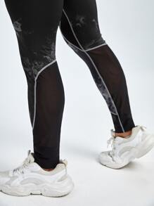 Men Tie Dye Contrast Mesh Topstitching Sports Tights - Black - View 4