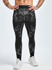 Men Tie Dye Contrast Mesh Topstitching Sports Tights - Black - View 5