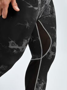 Men Tie Dye Contrast Mesh Topstitching Sports Tights - Black - View 6
