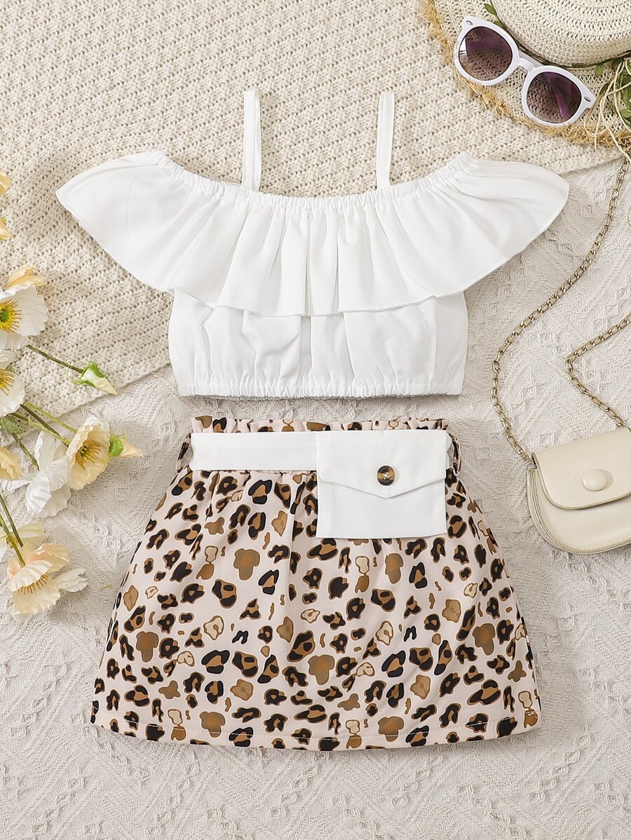 Toddler Girls Cold Shoulder Ruffle Trim Top & Leopard Print Belted Skirt - Multicolor - View 1