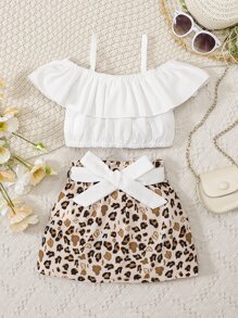 Toddler Girls Cold Shoulder Ruffle Trim Top & Leopard Print Belted Skirt - Multicolor - View 2