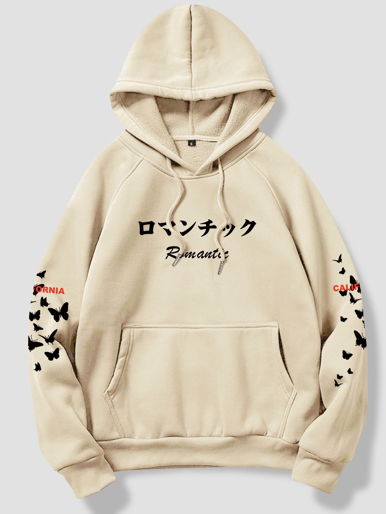 ROMWE MEN Guys Letter Butterfly Graphic Kangaroo Pocket Thermal Drawstring Hoodie - Apricot - View 1