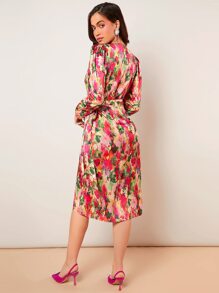 SHEIN VCAY Vestido con cinturón con estampado floral fruncido cruzado - Multicolor - Ver 2