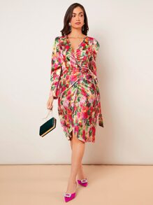 SHEIN VCAY Vestido con cinturón con estampado floral fruncido cruzado - Multicolor - Ver 1