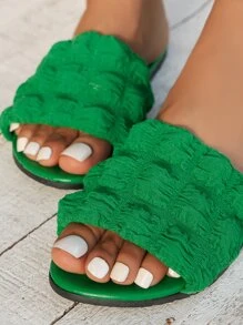 Women Textured Single Band Slide Sandals, Fashion Summer Flat Sandals,Beach Outfits - Green - View 2