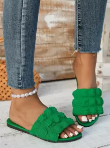 Women Textured Single Band Slide Sandals, Fashion Summer Flat Sandals,Beach Outfits - Green - View 3