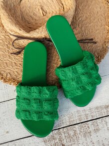 Women Textured Single Band Slide Sandals, Fashion Summer Flat Sandals,Beach Outfits - Green - View 5