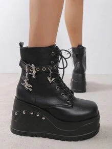 Botas cuña bruja & murciélago con cordón delantero - Negro - Ver 5