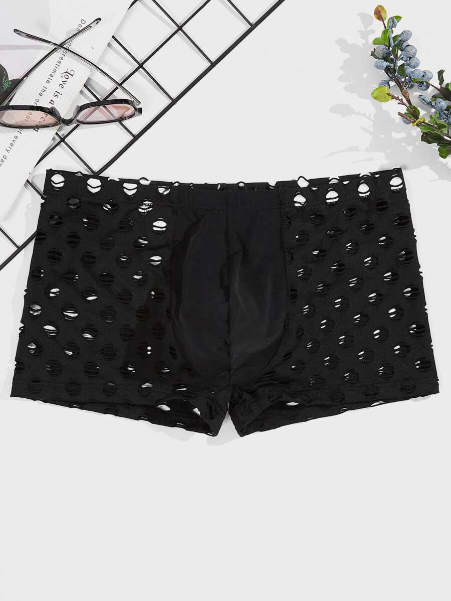 Men Hollow Out Solid Boxer Brief - Black - View 1
