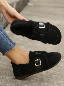 Buckle Decor Faux Suede Contrast Fluffy Flat Loafers - Black - View 1