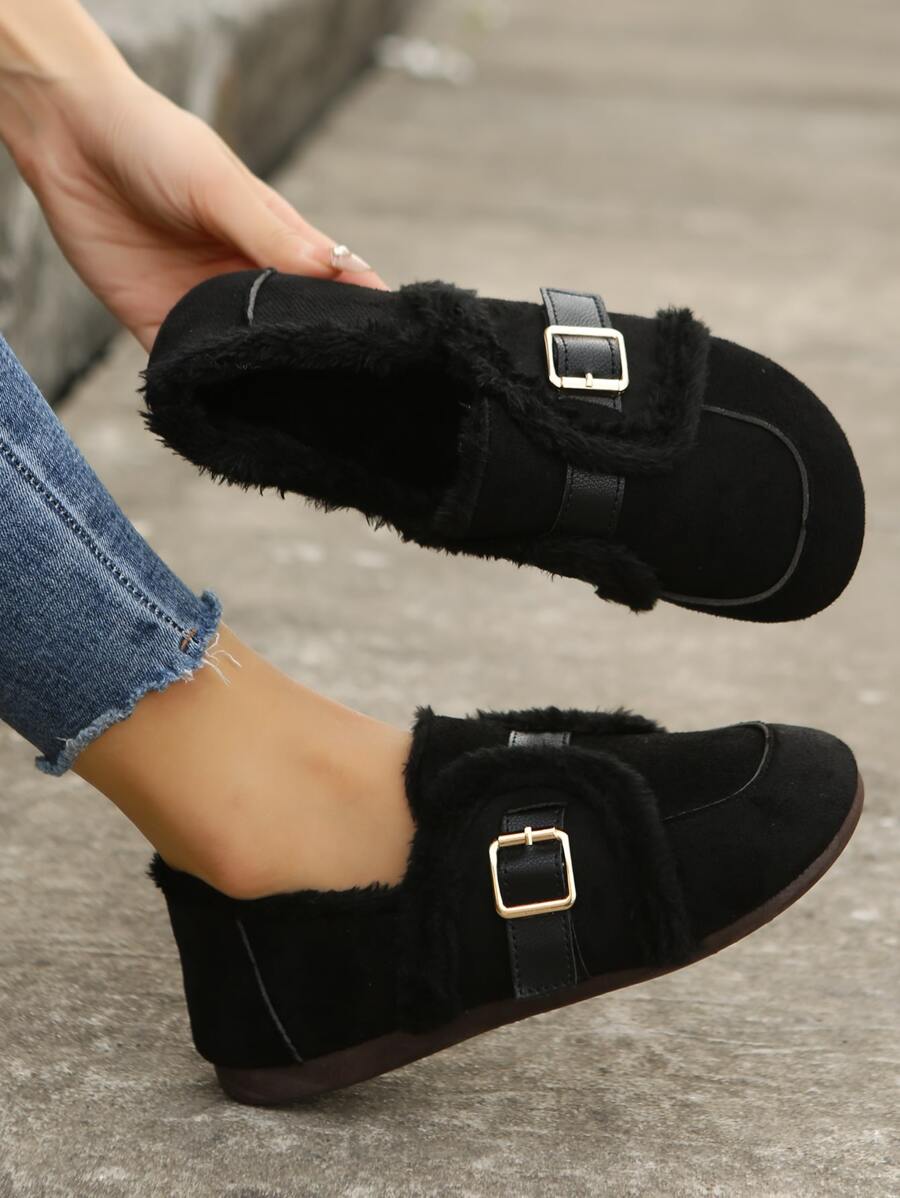 Buckle Decor Faux Suede Contrast Fluffy Flat Loafers - Black - View 1