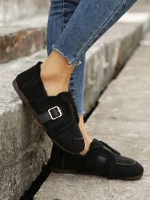 Buckle Decor Faux Suede Contrast Fluffy Flat Loafers - Black - View 2