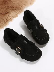 Buckle Decor Faux Suede Contrast Fluffy Flat Loafers - Black - View 4