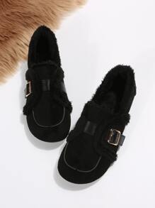 Buckle Decor Faux Suede Contrast Fluffy Flat Loafers - Black - View 5