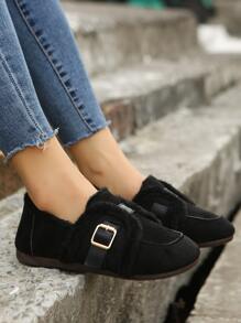 Buckle Decor Faux Suede Contrast Fluffy Flat Loafers - Black - View 8