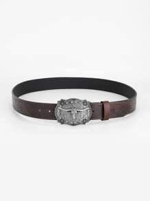 Hombres Cinturón floral en relieve cabeza de toro - Café integral - Ver 2