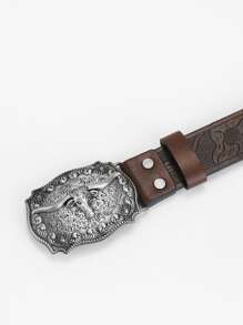 Hombres Cinturón floral en relieve cabeza de toro - Café integral - Ver 4