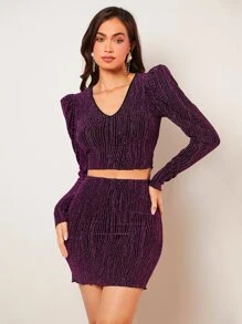 SHEIN BAE 羊腿袖短款金屬亮絲上衣和包臀半身裙