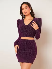 SHEIN BAE 羊腿袖短款金屬亮絲上衣和包臀半身裙