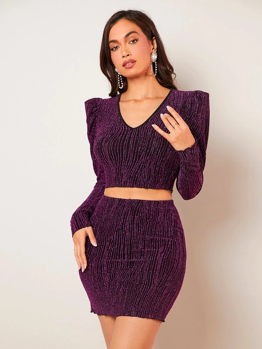 SHEIN BAE 羊腿袖短款金屬亮絲上衣和包臀半身裙