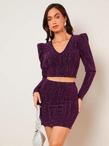 SHEIN BAE 羊腿袖短款金屬亮絲上衣和包臀半身裙