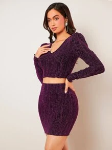 SHEIN BAE 羊腿袖短款金屬亮絲上衣和包臀半身裙