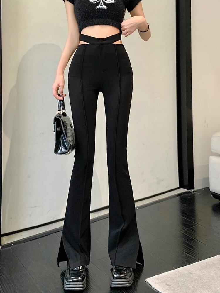 Solid High Waist Flare Leg Pants - Black - View 3
