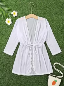 Chicas Kimono ribete con encaje con cordón delantero - Blanco - Ver 1