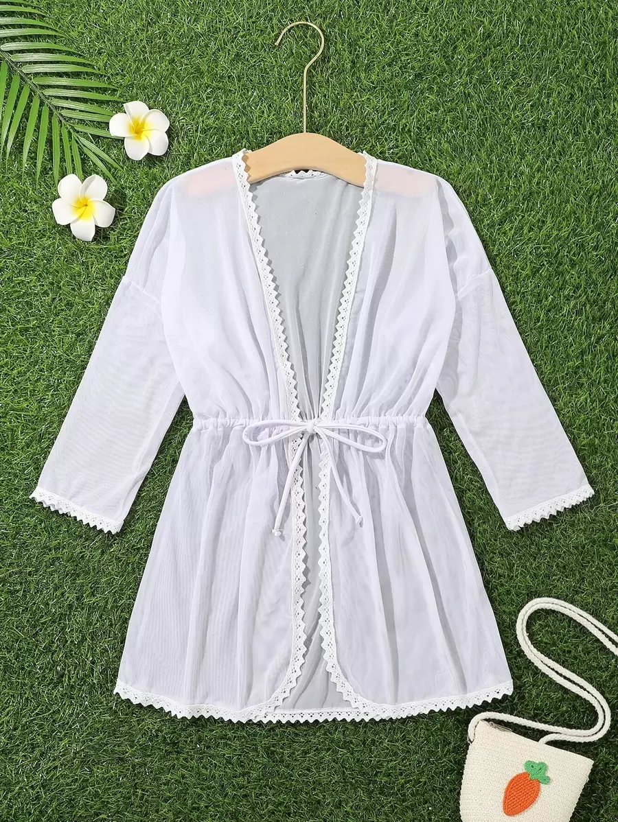 Chicas Kimono ribete con encaje con cordón delantero - Blanco - Ver 1