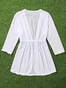 Chicas Kimono ribete con encaje con cordón delantero - Blanco - Ver 2