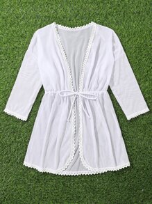 Chicas Kimono ribete con encaje con cordón delantero - Blanco - Ver 5