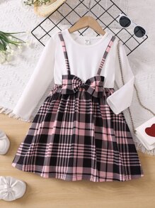SHEIN Toddler Girls Plaid Print Bow Front 2 In 1 Dress - Multicolor - View 1