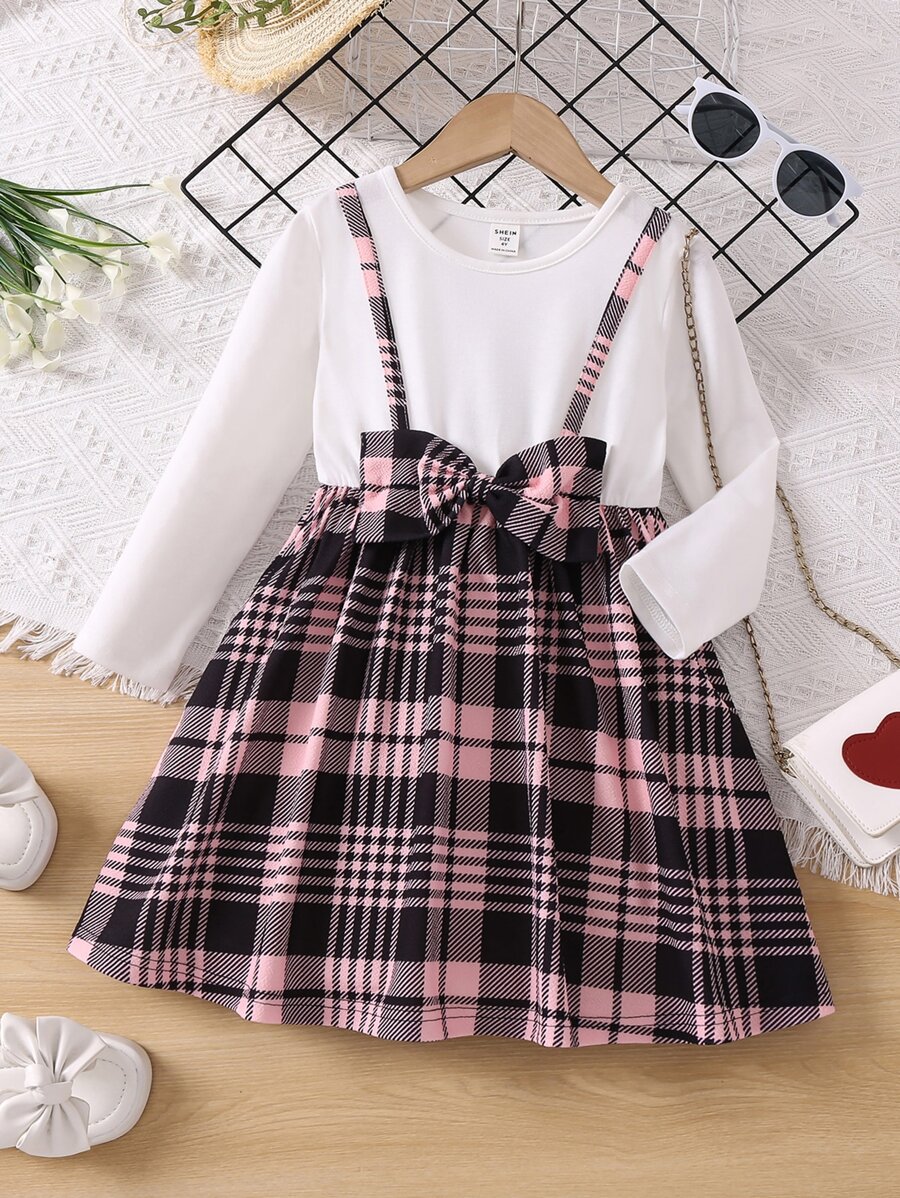 SHEIN Toddler Girls Plaid Print Bow Front 2 In 1 Dress - Multicolor - View 1
