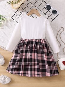 SHEIN Toddler Girls Plaid Print Bow Front 2 In 1 Dress - Multicolor - View 2