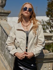 Mock Neck Zip Up Jacket - Khaki - View 3
