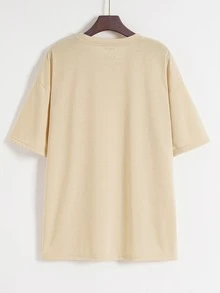 SHEIN EZwear Heart And Letter Graphic Drop Shoulder Tee - Khaki - View 2