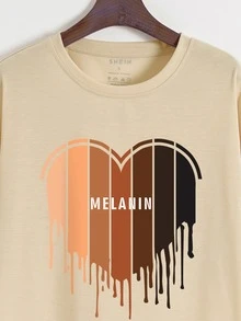 SHEIN EZwear Heart And Letter Graphic Drop Shoulder Tee - Khaki - View 3